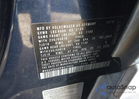 2013 Volkswagen Tiguan Se из США, поврежденный, VIN WVGAV3AX6DW570554